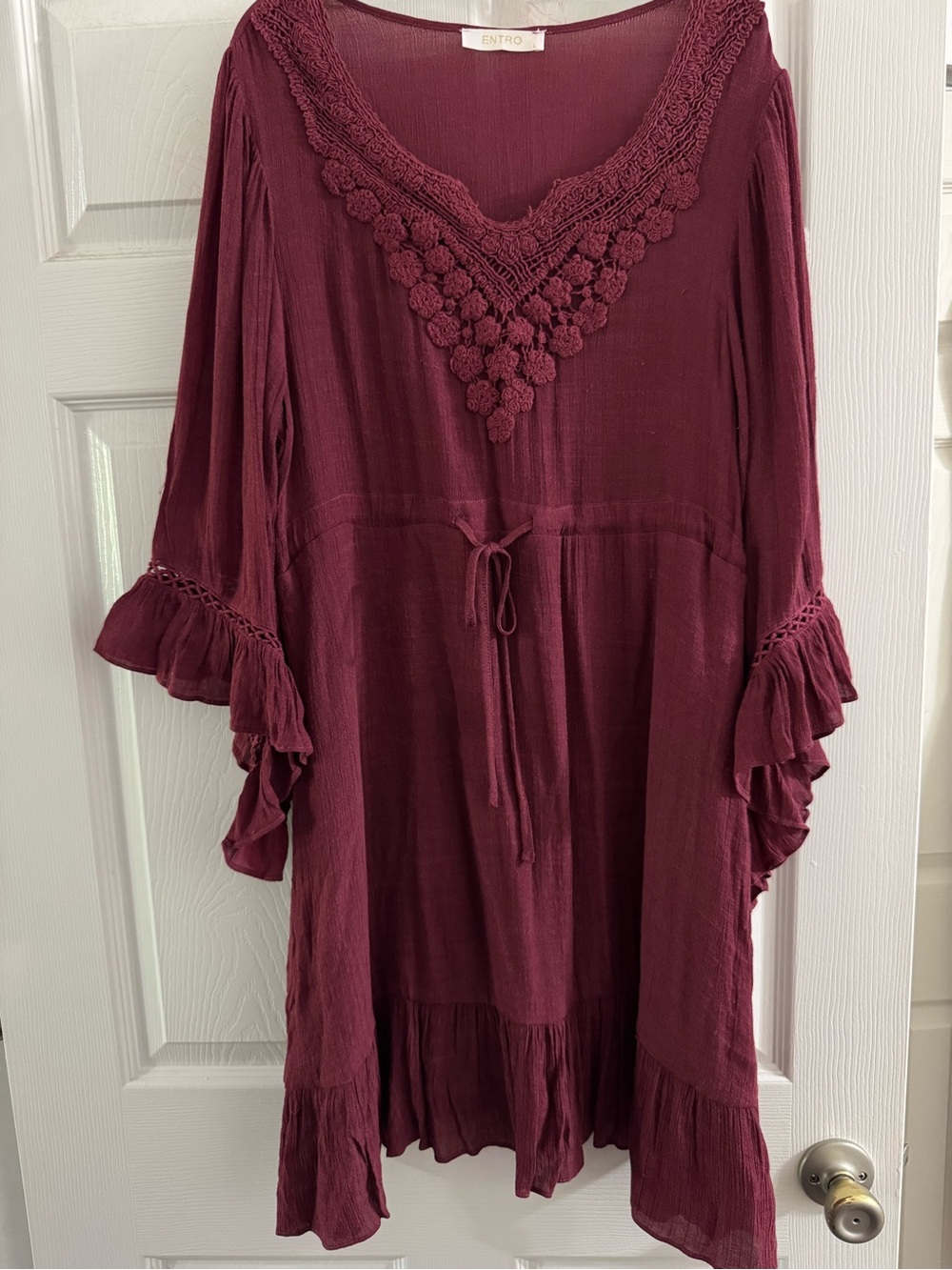 Entro Wine Crochet-Trim Boho Boutique Dress
